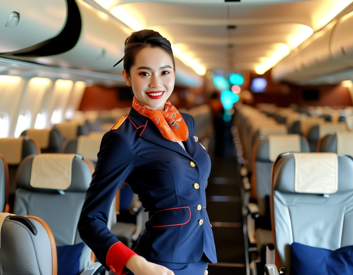A flight attendant in uniform performing a dance in an airplane aisle, with a joyful expression amidst empty seats, captured in a vibrant and lively atmosphere.