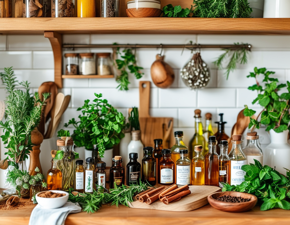 A bright kitchen counter featuring various natural bug repellents like cinnamon sticks, essential oil bottles, and fresh herbs like rosemary and mint, creating a warm and inviting atmosphere.