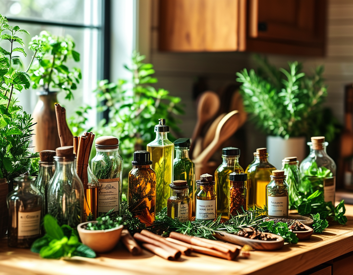A sunny outdoor BBQ scene with friends enjoying food and drinks, while a spray bottle with a vinegar solution is placed on the table to ward off mosquitoes, capturing a relaxed summer vibe.