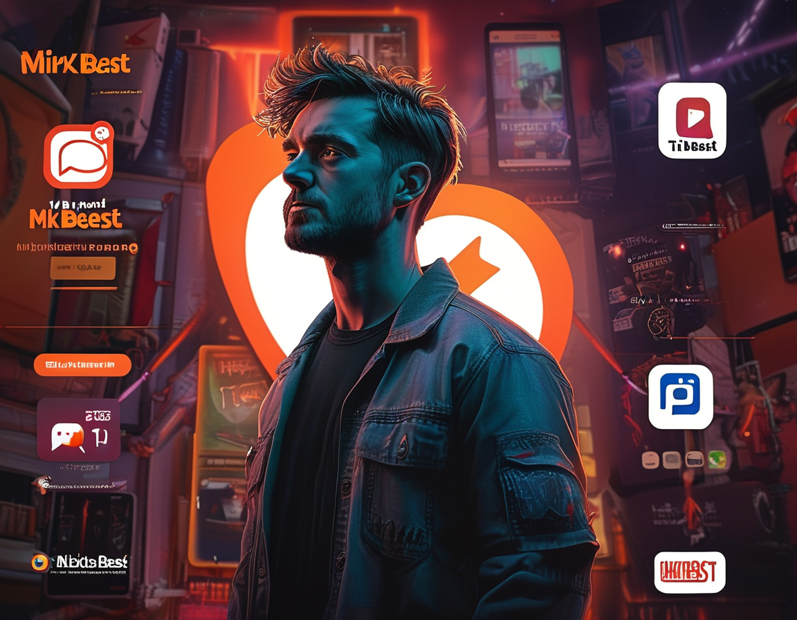 An imaginative graphic depicting MrBeast standing heroically amidst a backdrop of TikTok logos and app store images, symbolizing his mission to save TikTok.