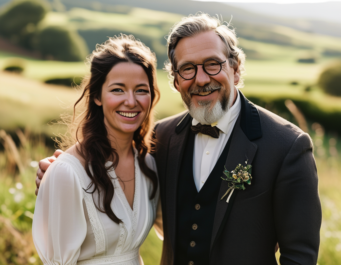Georgia Toffolo and James Watt smiling together in a picturesque outdoor setting, symbolizing their desire for a simple and intimate wedding ceremony.
