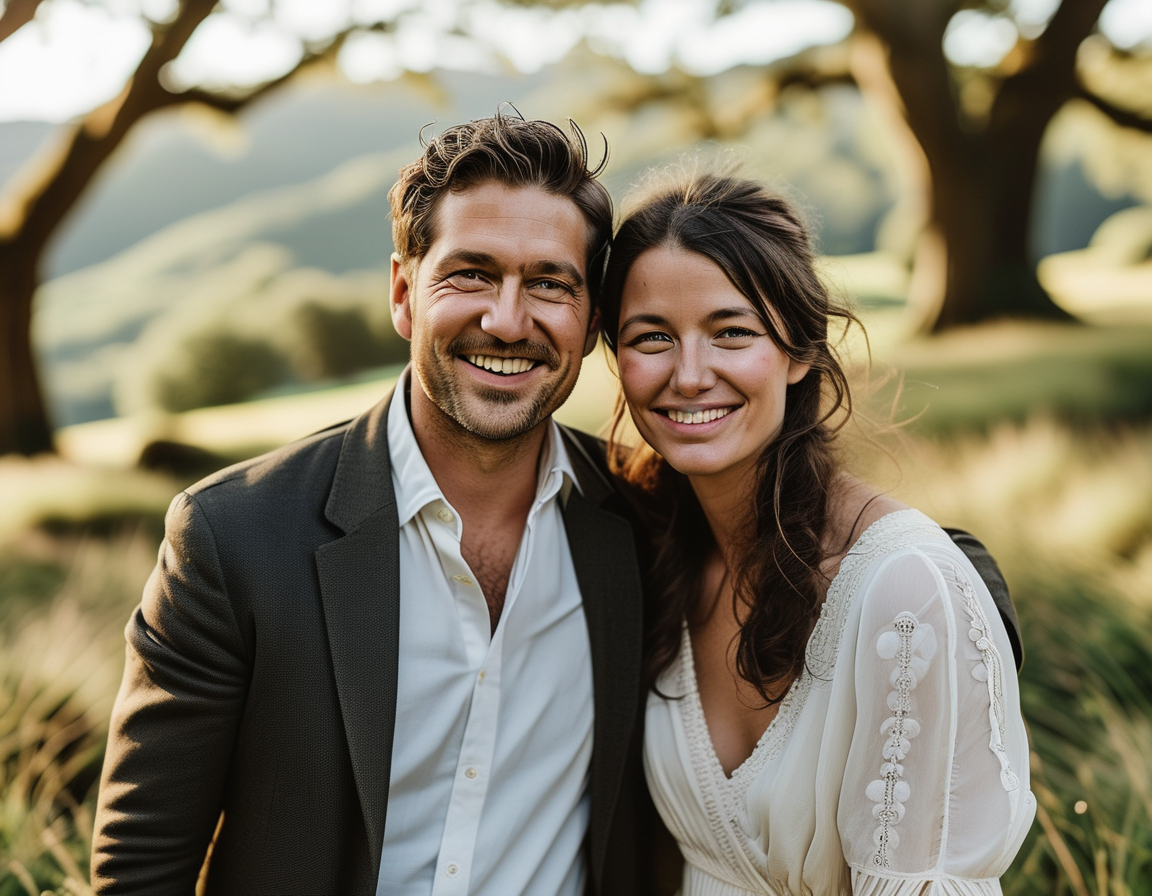 A romantic beach scene at sunset, reflecting the couple's dreams of eloping and escaping traditional wedding stress.