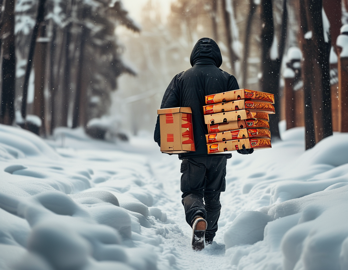 A delivery driver navigating through deep snow carrying pizza boxes, showcasing determination and resilience against harsh weather conditions.