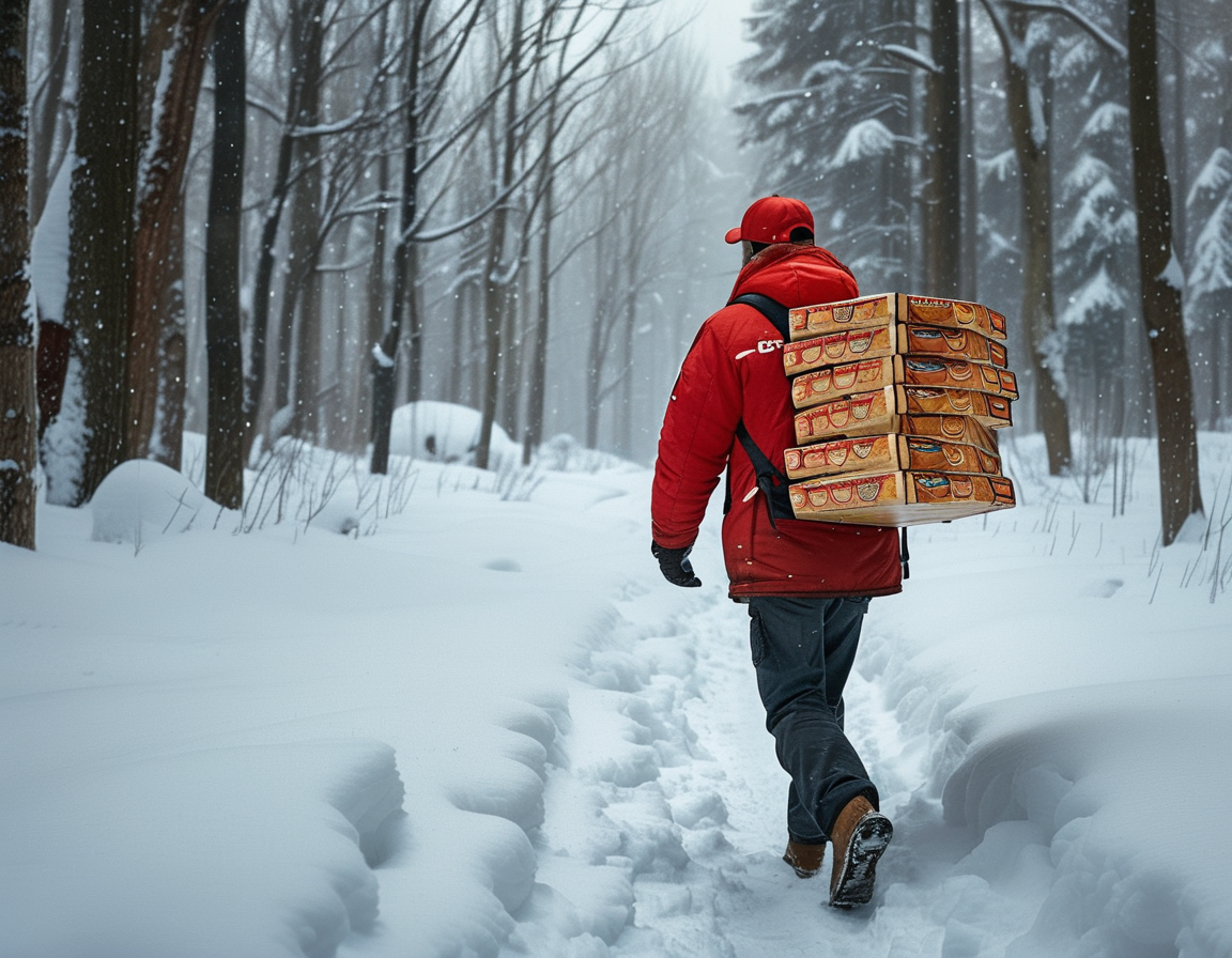 An emotional moment capturing the joy of a delivery driver as he receives a large tip, symbolizing gratitude from the community during a snowstorm.