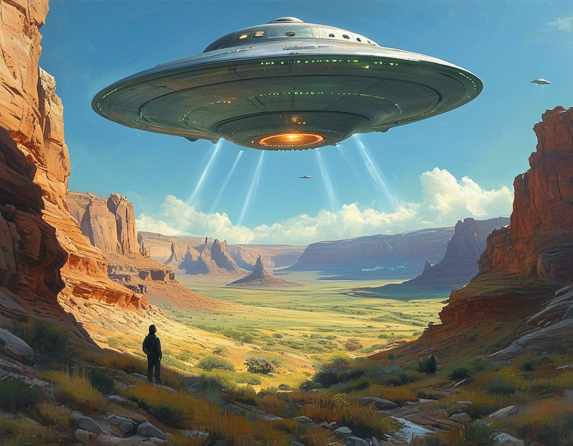 An artist's rendition of a UFO hovering in the sky over Central Valley, with a local landscape below and curious residents looking up in awe.