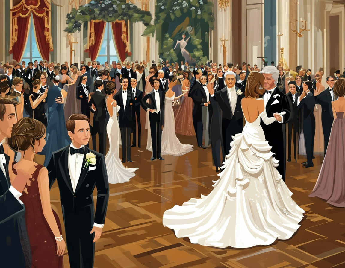 An elegant ballroom scene depicting Melania and Donald Trump at their wedding, showcasing their love amid a star-studded guest list.