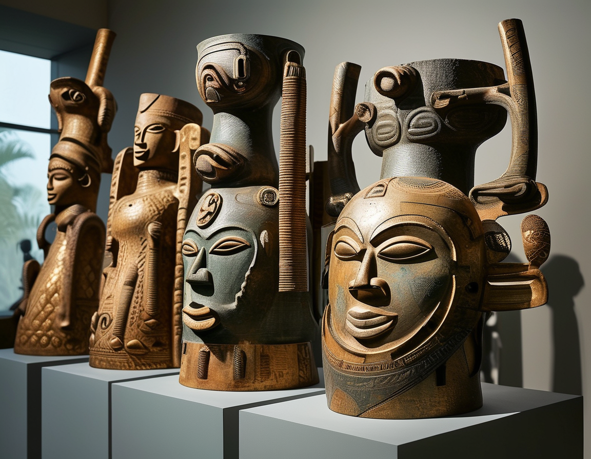 An artist's depiction of the Benin bronzes reflecting their historical importance and the ongoing debate around their return to Nigeria, prominently showcasing the intricate designs and rich heritage of the artifacts.