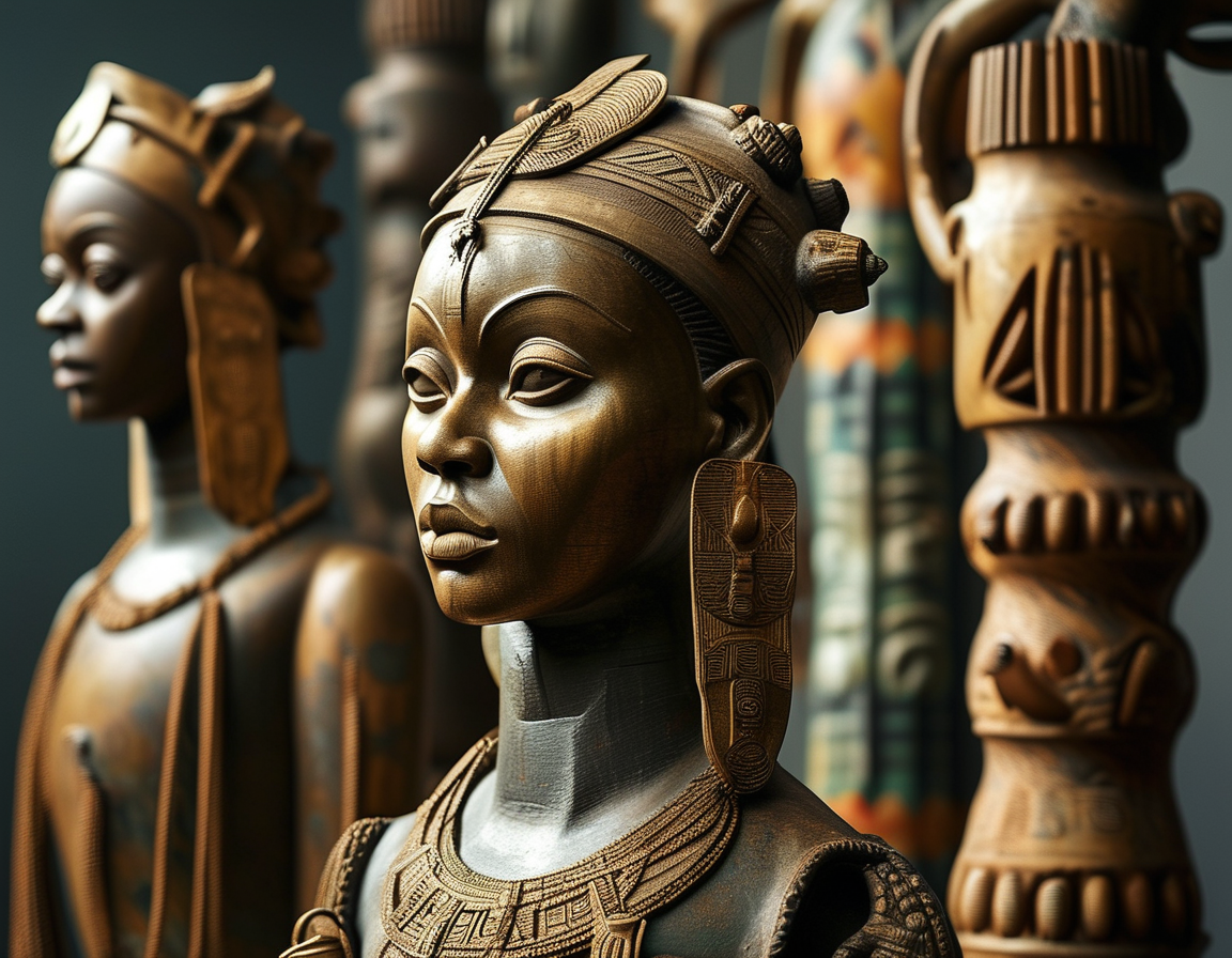 A photograph showing a museum exhibition featuring Asante gold objects, highlighting their cultural significance while raising questions about ownership and history.