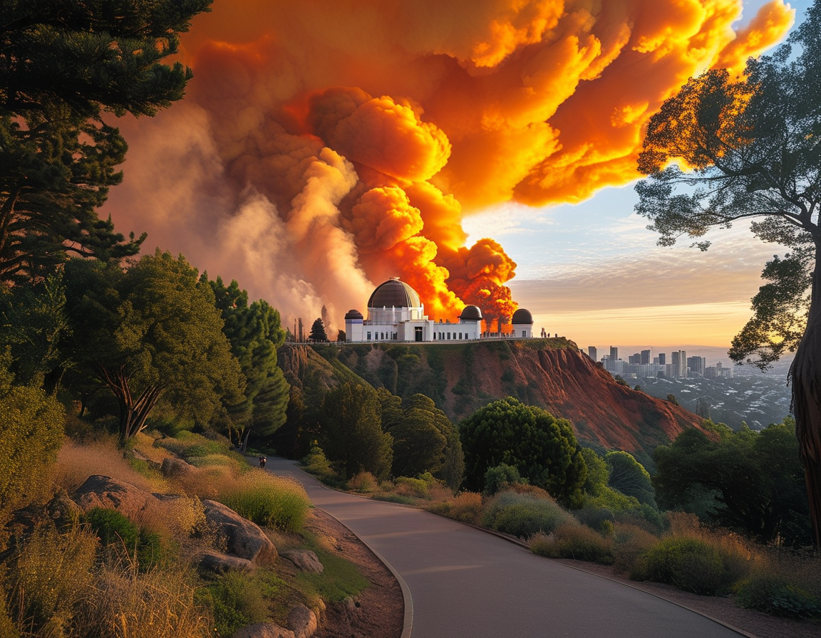 A dramatic view of Griffith Park showing scorched earth and smoke rising, with the Griffith Observatory in the background under an orange sky, emphasizing the urgency of fire safety.
