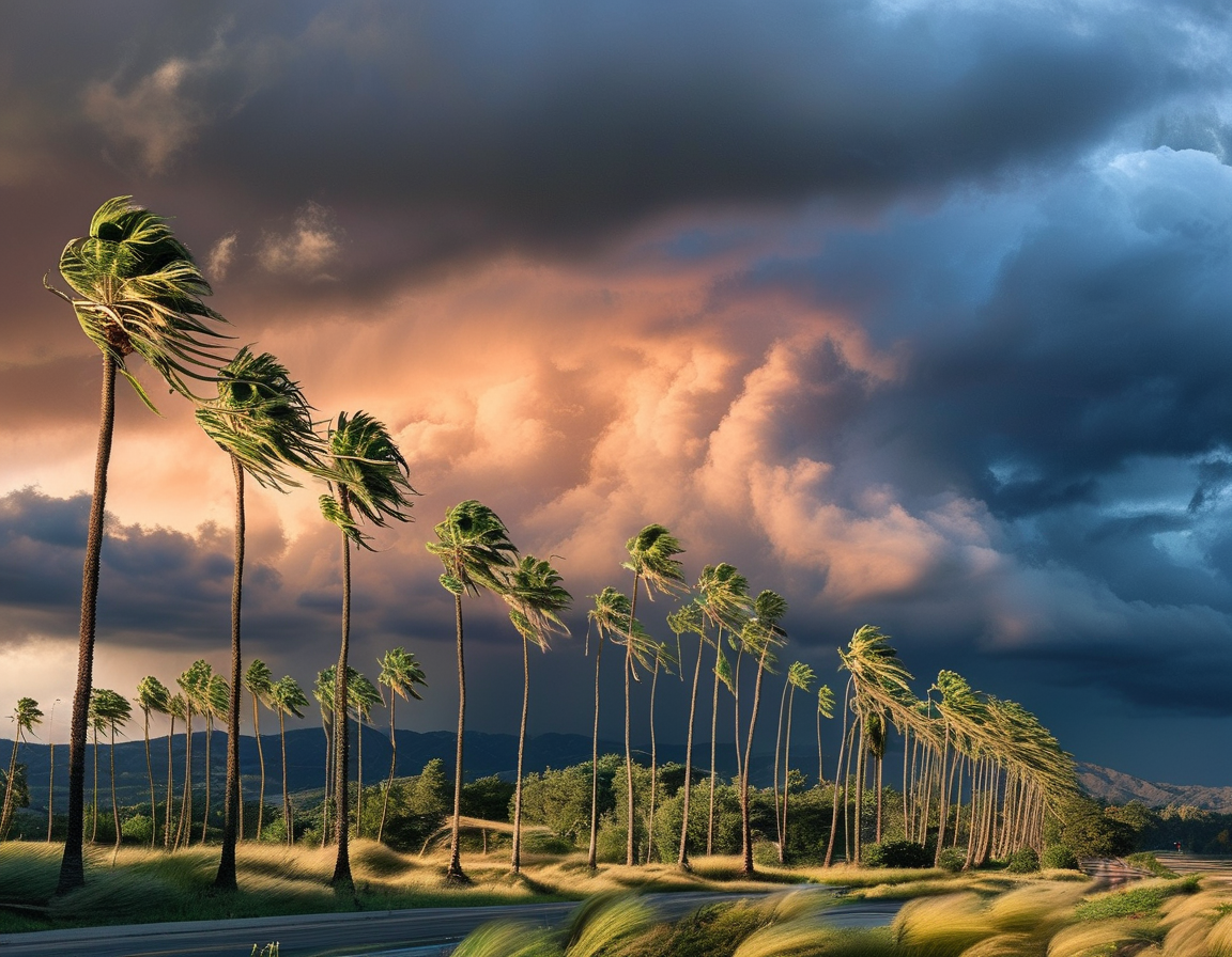A dramatic landscape of Southern California showing strong winds causing palm trees to sway and dust being kicked up, with a backdrop of dark, stormy clouds.