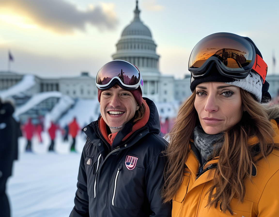 A lively background of the inauguration celebration, with a crowd enjoying the festivities as Kid Rock interacts awkwardly with Caitríona Perry off to the side, contrasting lightheartedness and political tension.