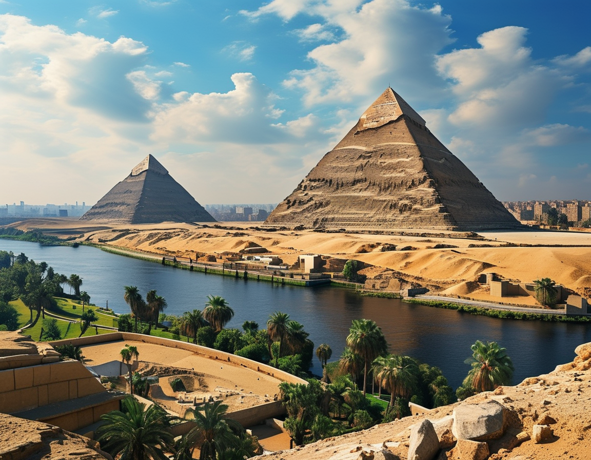 A panoramic view of the Pyramids of Giza with the Nile river in the foreground, illustrating the grandeur of Ancient Egyptian civilization.