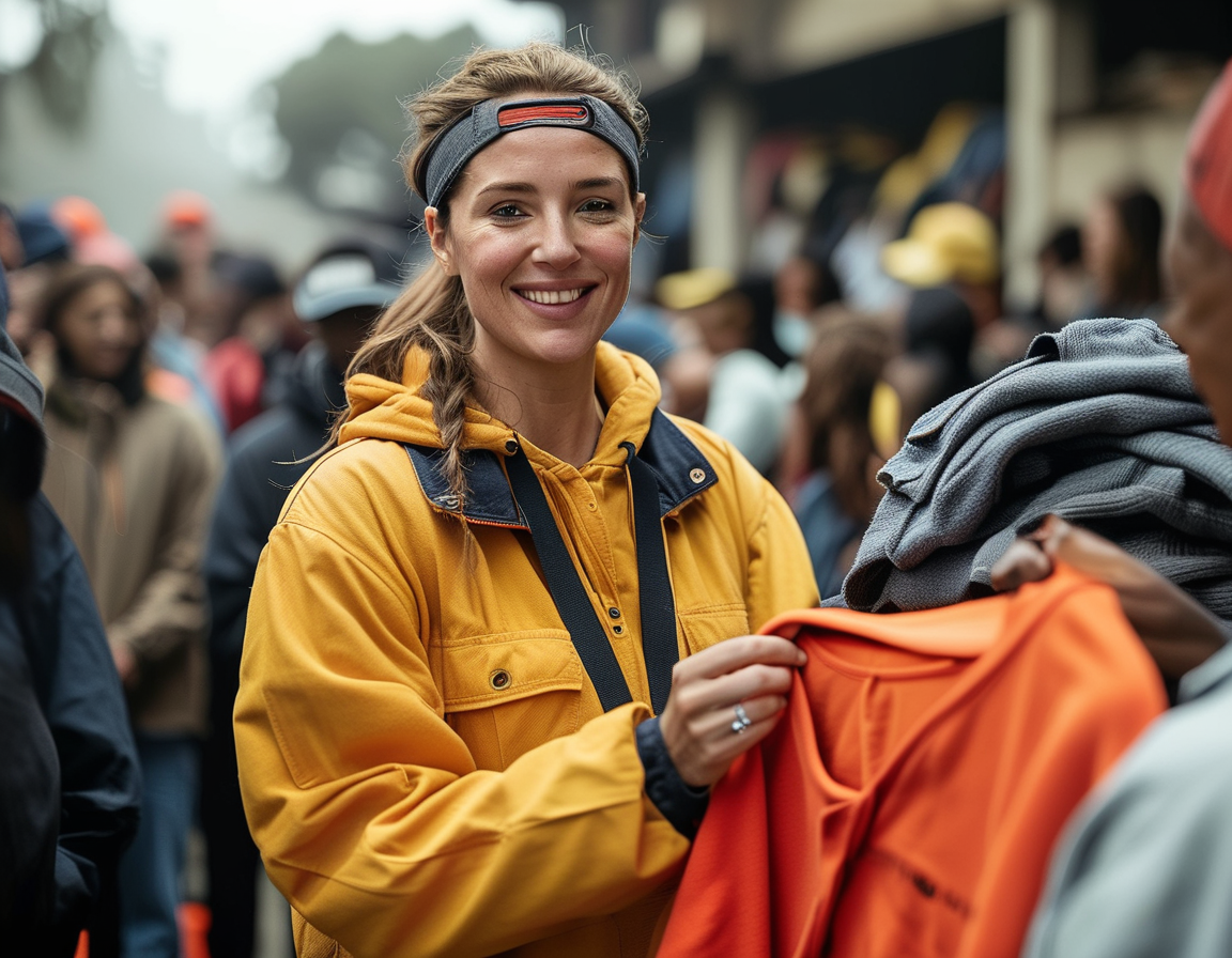 Vanessa Bryant smiling warmly as she distributes clothes and sneakers to families affected by the LA wildfires, surrounded by volunteers and grateful recipients.