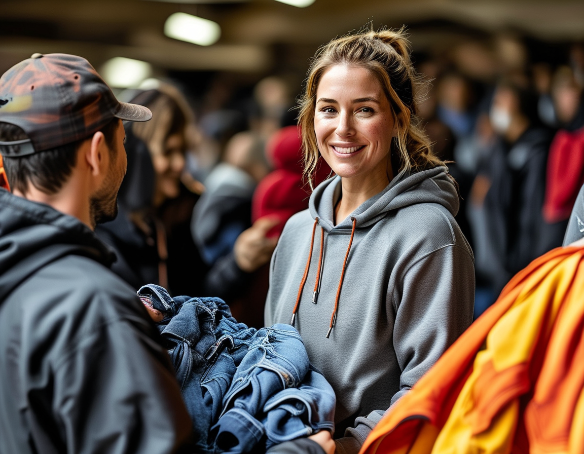 A heartwarming scene of families receiving assistance in a community event, showcasing the sense of hope and unity in the wake of the Los Angeles wildfires.