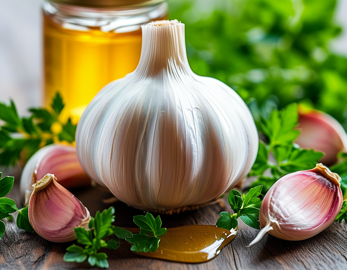 A robust looking garlic bulb surrounded by fresh herbs and a small jar of honey, illustrating the health benefits and various uses of garlic in natural remedies.