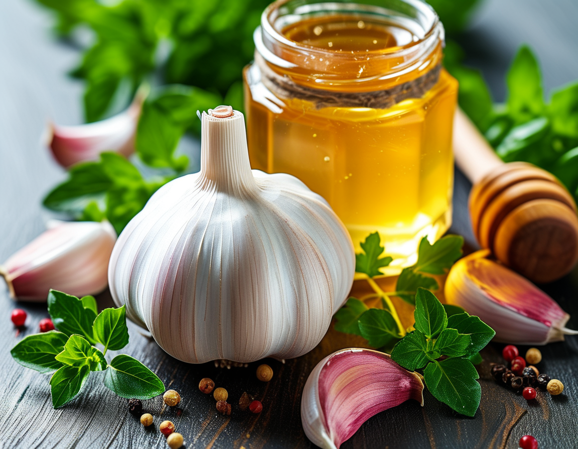 A steaming cup of garlic tea with lemon and honey sitting next to a plate of garlic-infused bread, showcasing the soothing properties of garlic in a warm, inviting setting.