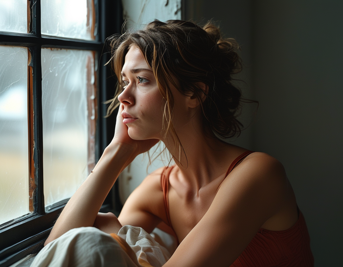 A pensive Brooke Shields gazing out a window, reflecting on her past struggles with body image and relationships, embodying vulnerability and strength in her posture.