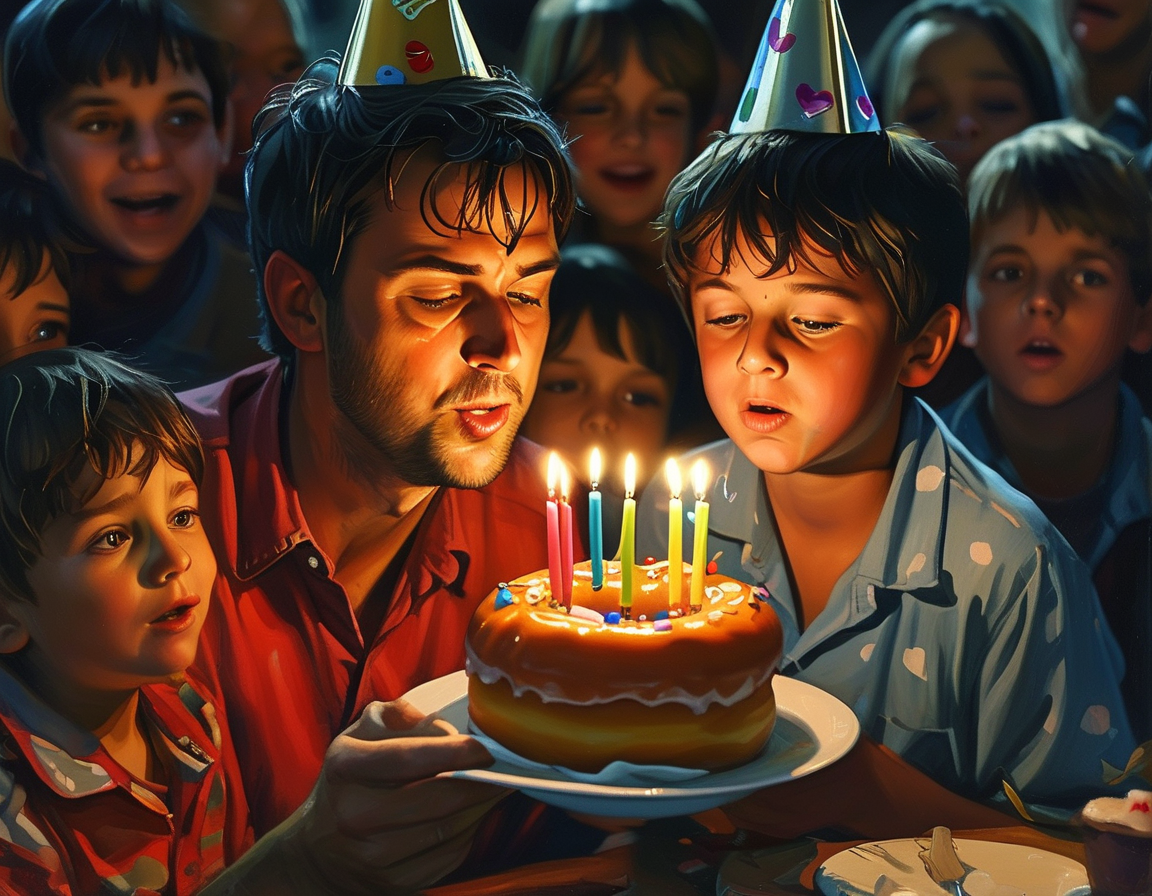 An emotional scene of Amanda singing 'Happy Birthday' to her husband Josh as he blows out candles on a donut cake, surrounded by their children, encapsulating love amidst loss.