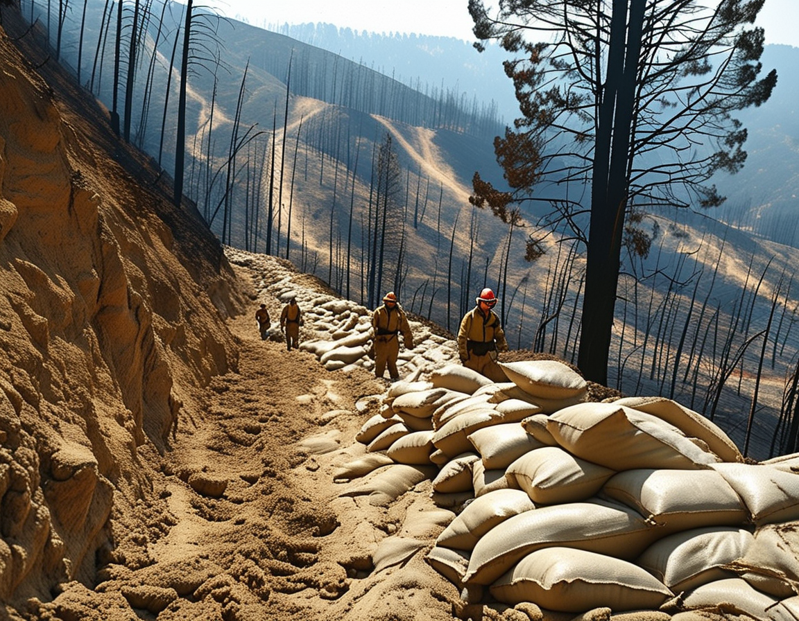 The image shows a hillside in Pasadena scarred by the Eaton Fire, with emergency responders distributing sandbags to prepare for incoming rain, evoking a sense of urgency and vulnerability.