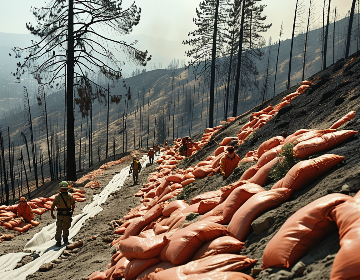 A close-up of sandbags being filled and stacked, representing the community efforts in Pasadena and Altadena to protect homes from potential mudslides amid impending rain.