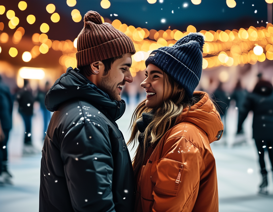 Justin and Hailey Bieber enjoying a cozy winter date, ice skating under the stars, reflecting their joyful moments amidst ongoing rumors about their marriage.
