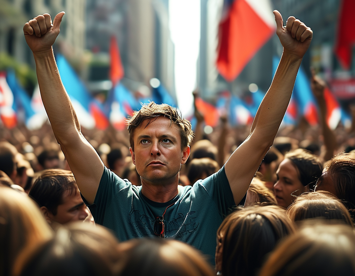 A crowded rally scene where Elon Musk is seen with his arm raised amidst a divided crowd reacting to his gesture, illustrating the polarized views on his actions. The backdrop features political banners and intense expressions among attendees.