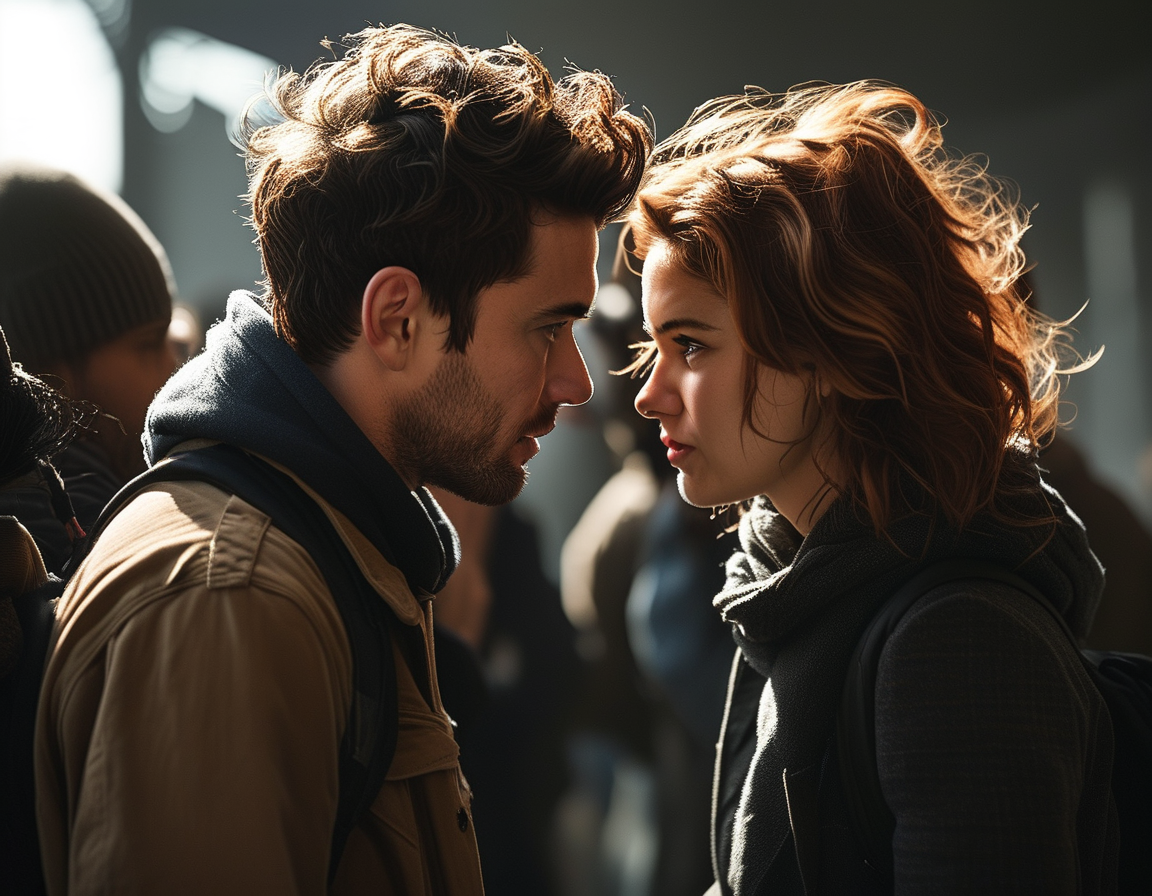 An image showing Justin Baldoni and Blake Lively on set, engaged in a dramatic scene that symbolizes the tension of their legal battle, capturing expressions of both humor and discomfort.