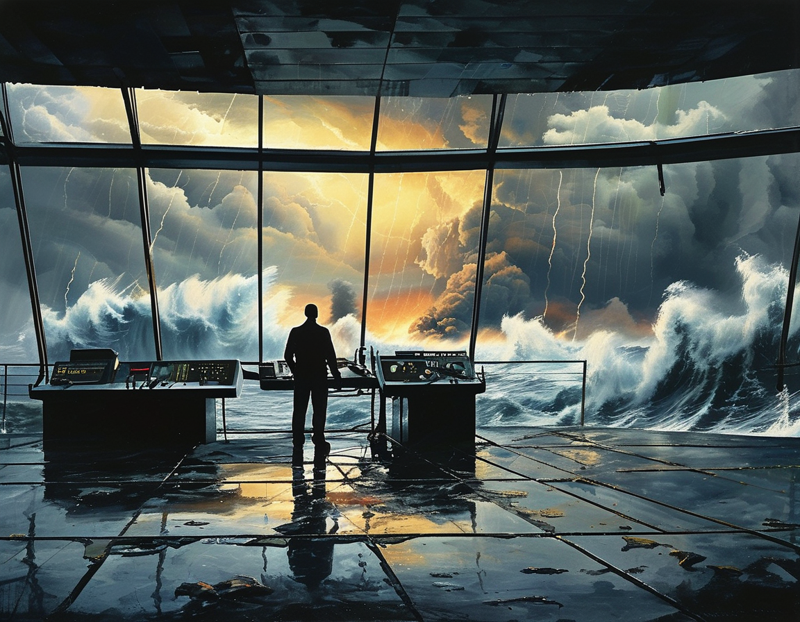 A silhouette of Anthonius Gunawan Agung standing in a control tower, with a backdrop of a stormy sky and turbulent waves symbolizing the approaching tsunami, representing duty amidst chaos.