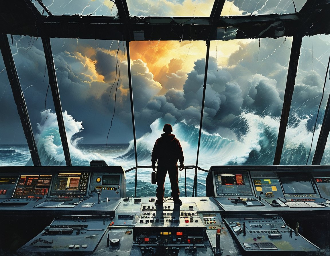 A dramatic view of the control tower amidst shaking ground, with emergency lights flashing and silhouettes of fleeing colleagues, capturing the moment of crisis and fear.