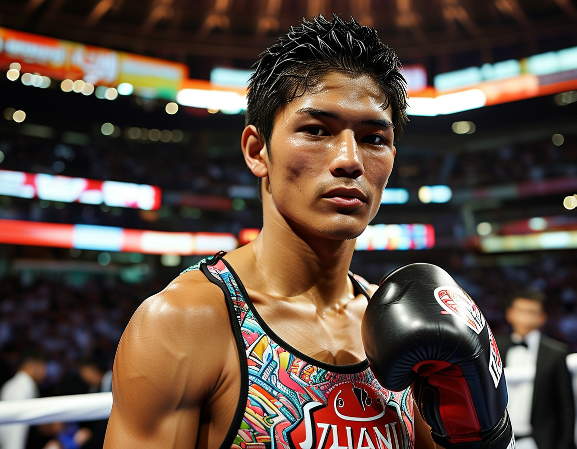 Naoya Inoue, wearing his ring gear featuring the Riyadh Season logo, confidently poses in a boxing stance against a backdrop of a packed arena, showcasing his readiness for the upcoming fight.