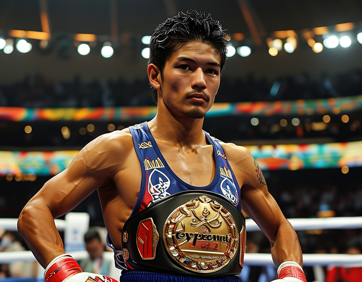 An electrifying moment from Inoue's previous fights, capturing the intensity of his punches and the excitement of the crowd, highlighting his knockout power.