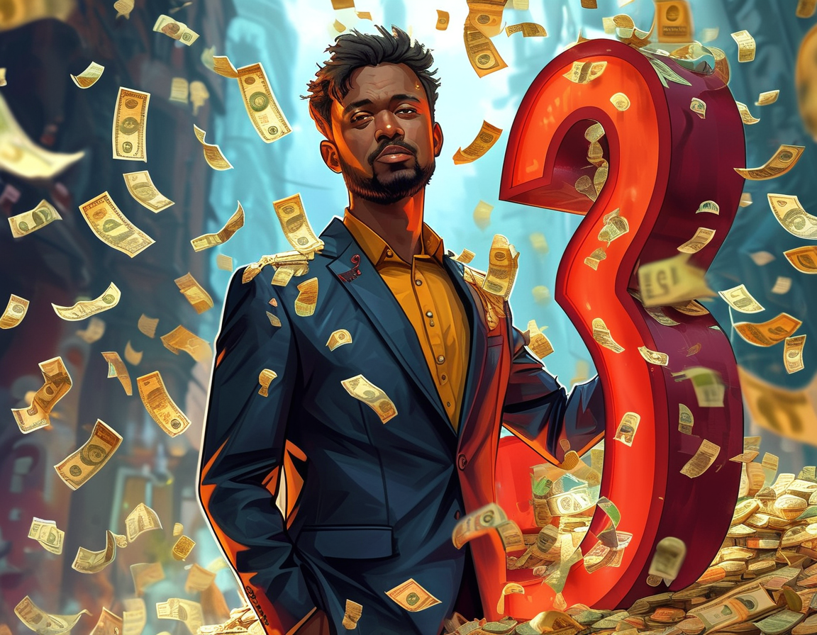 An illustration depicting MrBeast enthusiastically standing beside a large TikTok logo, with dollar bills and question marks floating around, symbolizing the complexities of his bid.