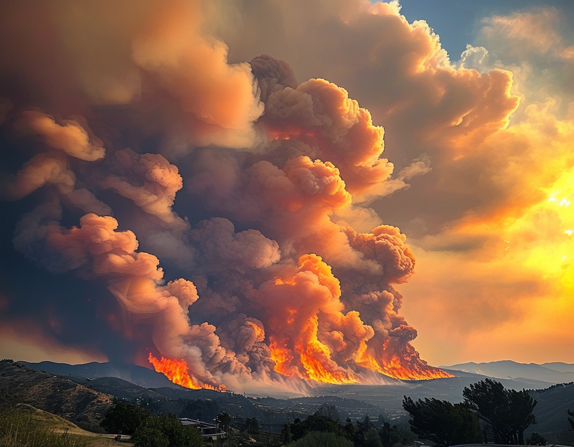 A dramatic landscape of Southern California with visible plumes of smoke rising from active wildfires under strong winds. Firefighters can be seen battling the flames against a dusky sky.