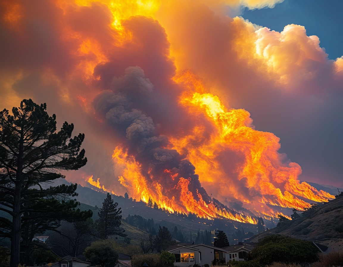 A firefighter in action, wearing protective gear and focused on controlling a blaze as strong winds whip around, illustrating the ongoing struggle against wildfires in the region.