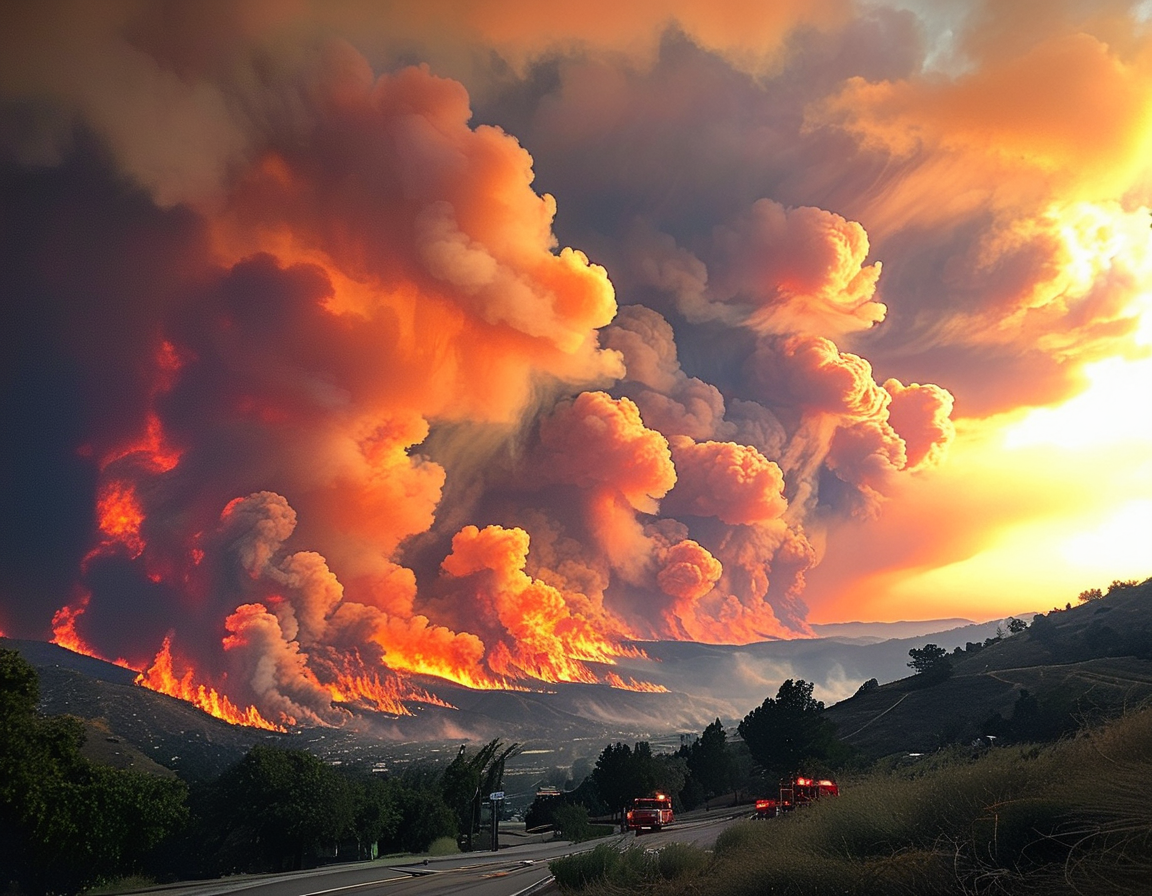 A panoramic view of Los Angeles neighborhoods with ash floating through the air, highlighting the hazardous air quality and the looming threat of uncontrollable wildfires nearby.