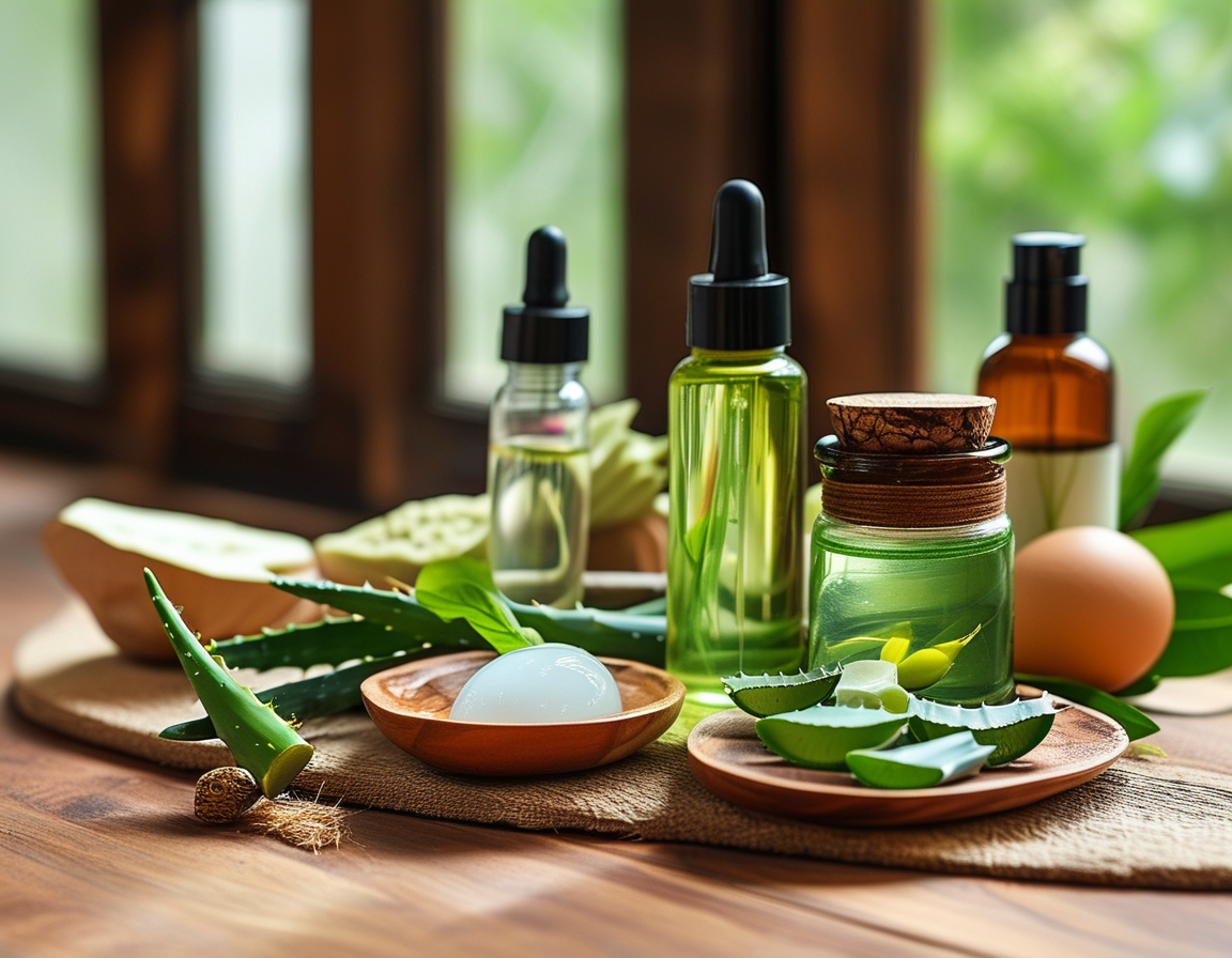 A bright, refreshing scene with fresh lemongrass, a bottle of olive oil, and eggs, symbolizing the natural and wholesome approach to boosting hair health with these ingredients.