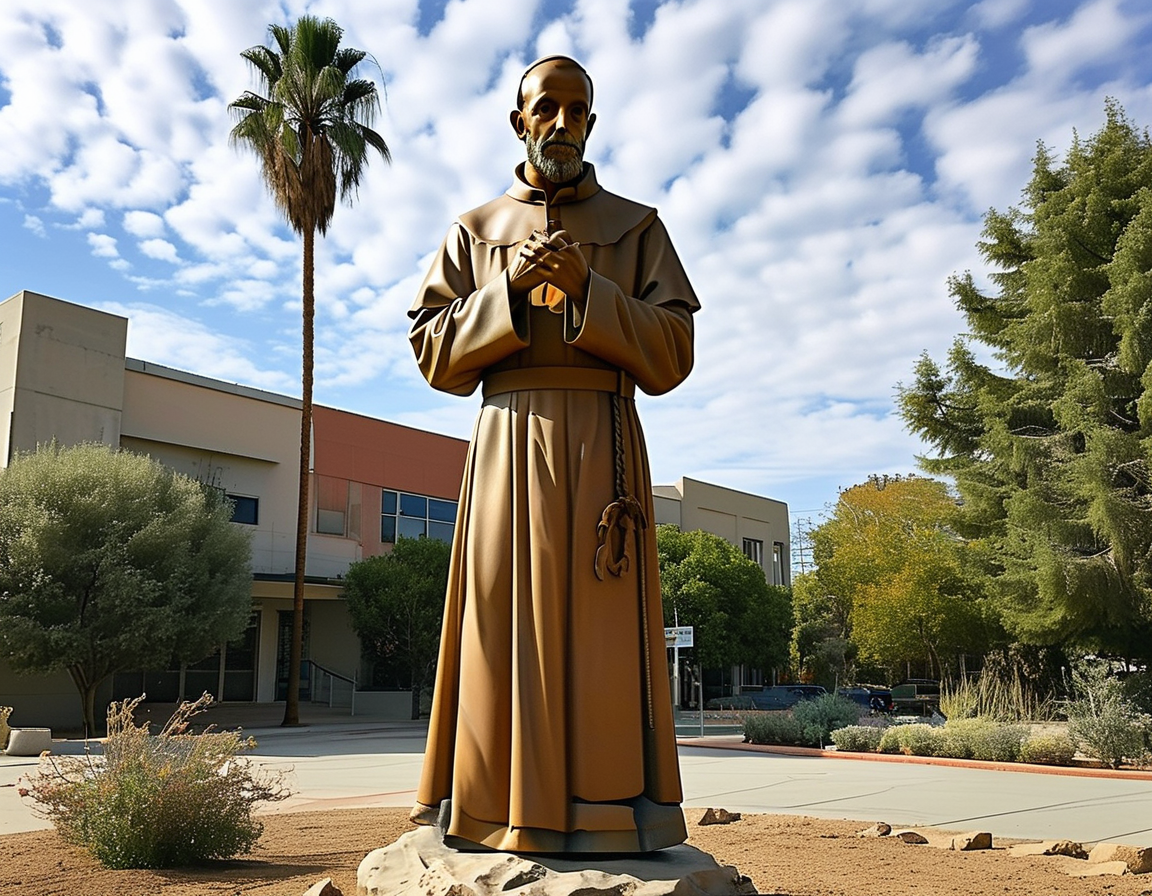 Teachers and students gather around the intact St. Francis statue, their expressions reflecting a mix of relief and reverence as they find solace in its presence after the wildfire disaster.