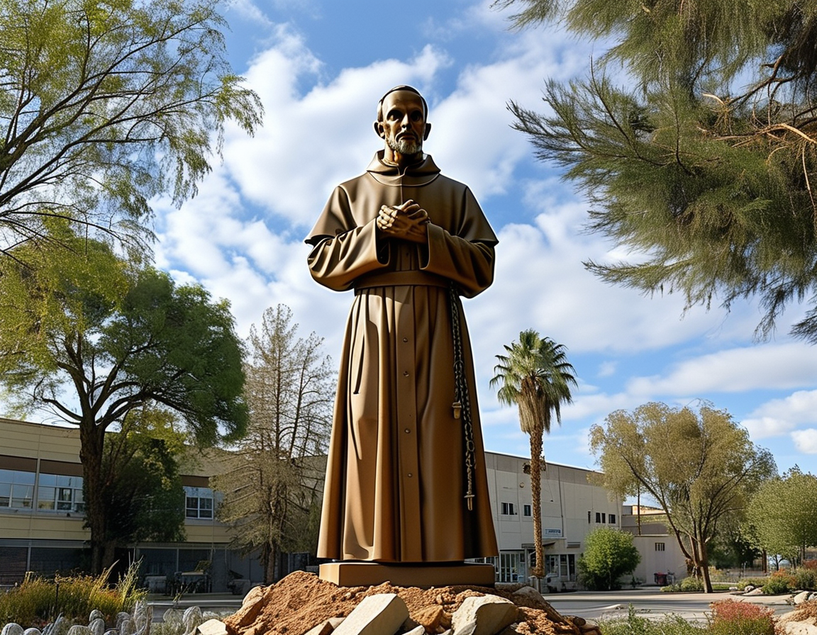 The Mendocino St. Campus hosts the salvaged statue of St. Francis, surrounded by supportive community members as they initiate recovery efforts for the school.