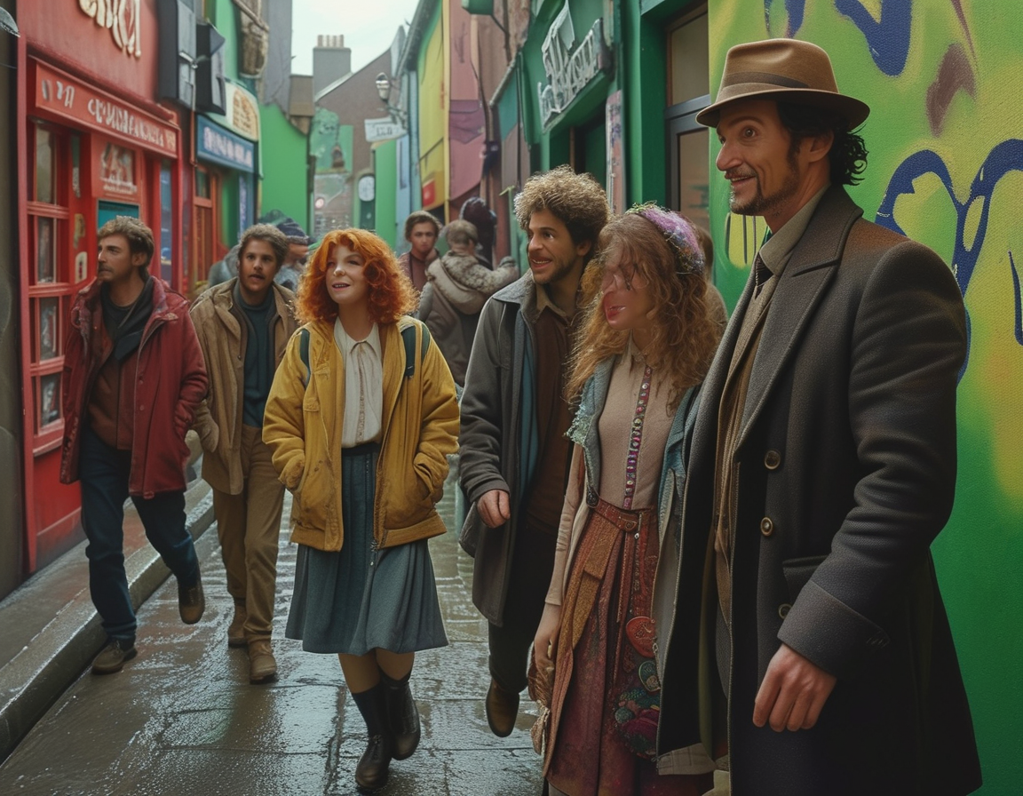 A vibrant scene from the film 'Kneecap', showcasing colorful visuals and characters that embody modern Irish culture and the quirky humor that defines the film.