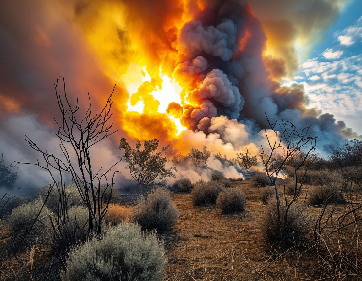 A dramatic photo showing the Hughes Fire raging through dry brush in Castaic, surrounded by thick, dark smoke obscuring the sun, highlighting the urgency of evacuations.