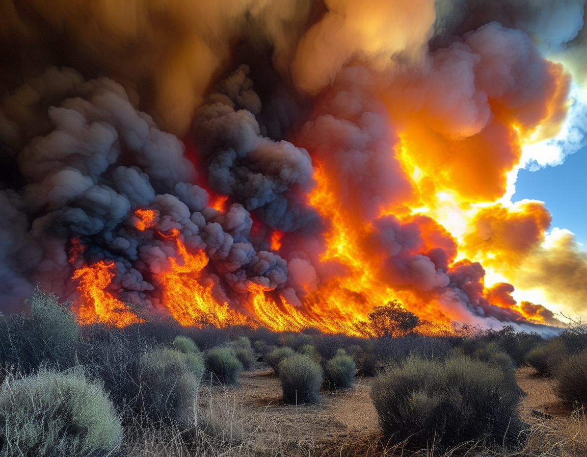 Firefighting aircraft drop water and retardant over the flames of the Hughes Fire, as ground crews battle the blaze, showcasing the community's effort to combat the wildfire.