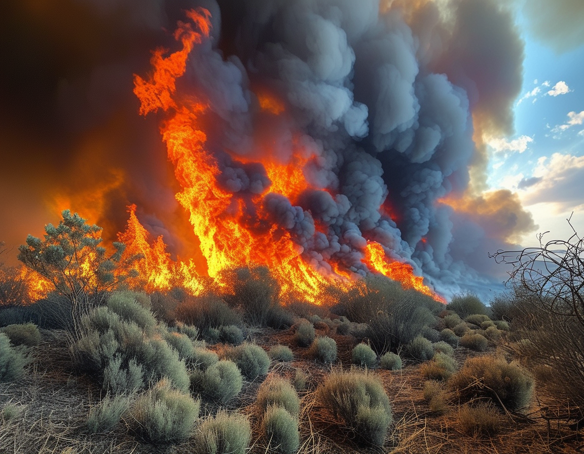 Aerial view of the widespread destruction caused by the Hughes Fire, with charred land, smoke, and evacuation signs in the foreground, emphasizing the threat posed by wildfires in California.