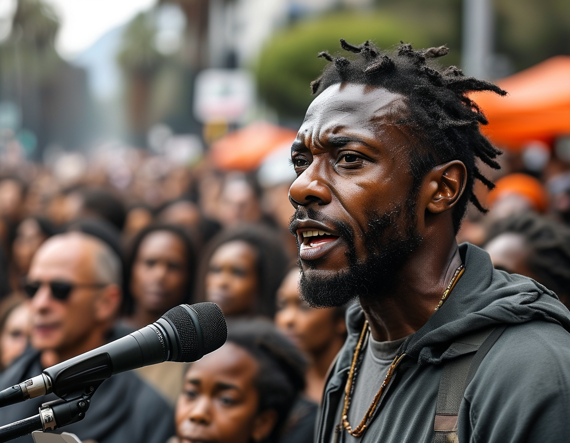 An image of Flavor Flav speaking passionately in front of a crowd, expressing his commitment to support Black families affected by wildfires in Los Angeles.