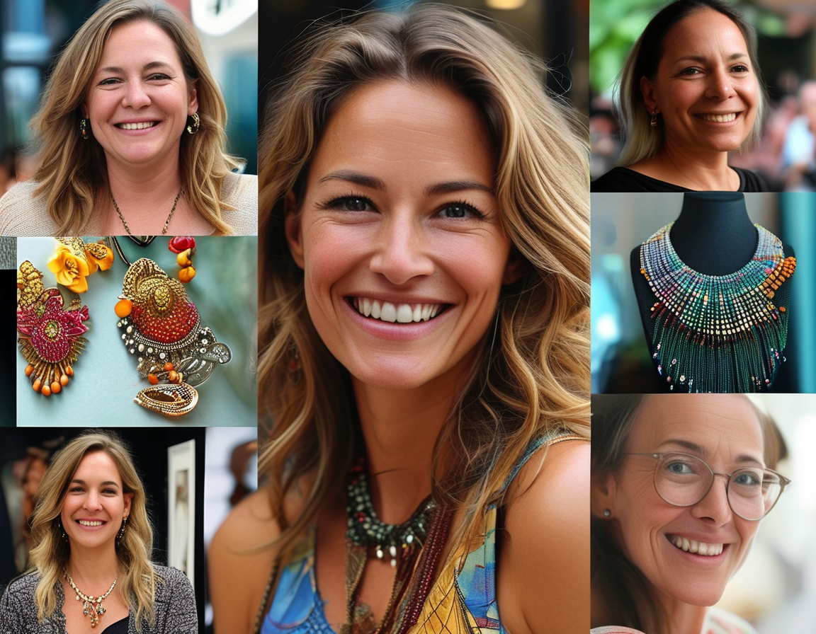 A heartfelt tribute collage featuring Lynn Ban smiling brightly at a social event, alongside images of her jewelry creations, symbolizing her vibrant spirit and artistry.