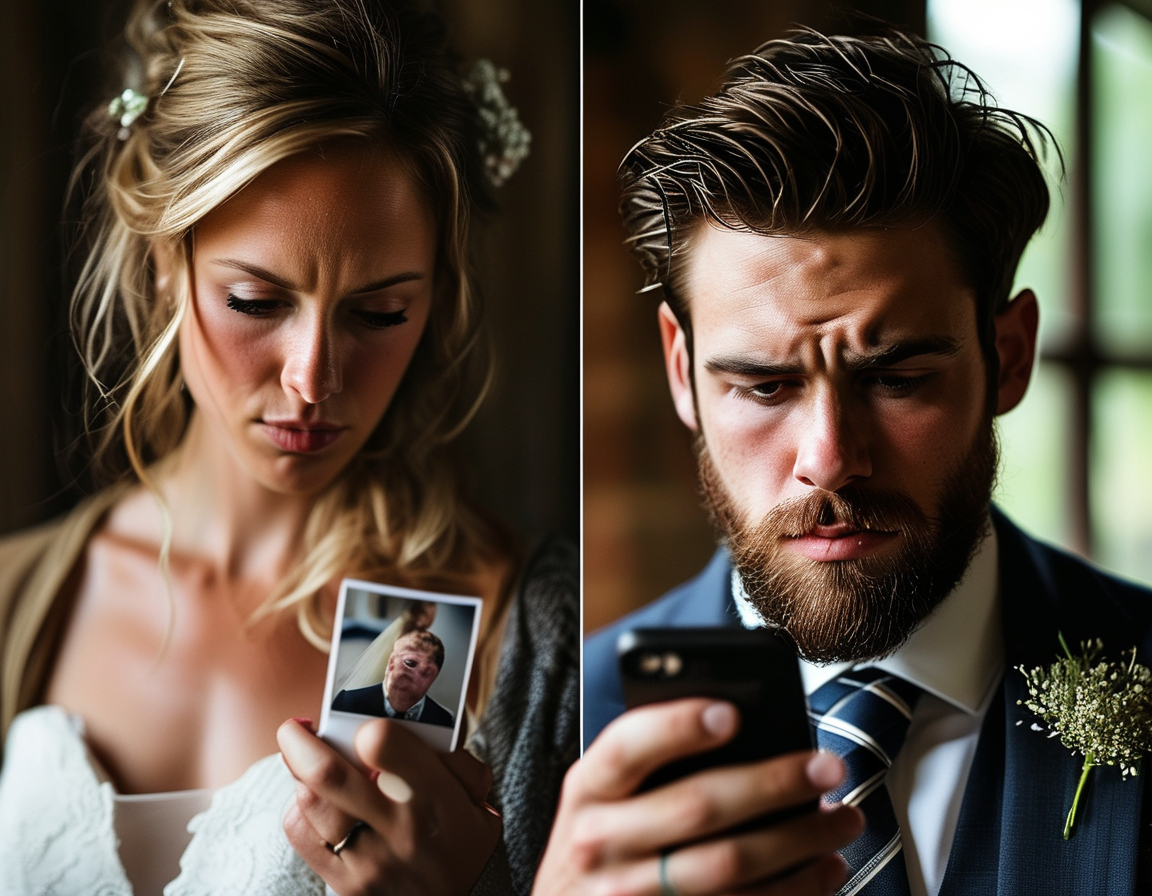 A split image showing Ashley Adionser looking contemplative while holding a photo of her wedding day and Tyler Francis looking distressed as he reads messages on his phone, highlighting their emotional turmoil.