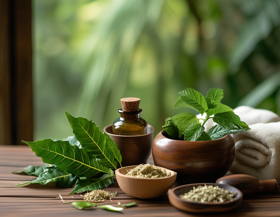 A soothing herbal remedy setup with crushed betel leaves, a small bowl of soaked mugwort, and hot and cold compresses laid out on a peaceful, natural background.