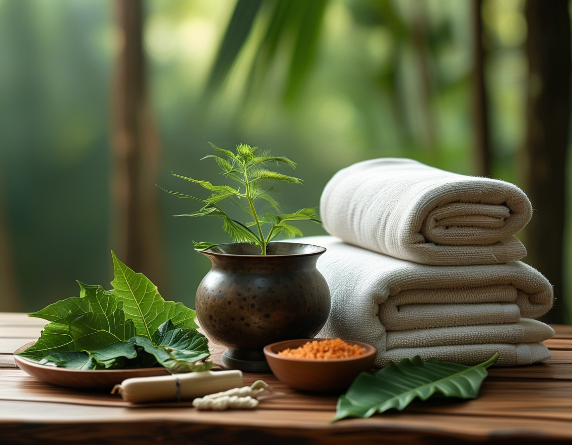 A close-up image of hands preparing betel leaves as a topical treatment, with warm leaves being wrapped in cloth, highlighting the healing process for neck pain.