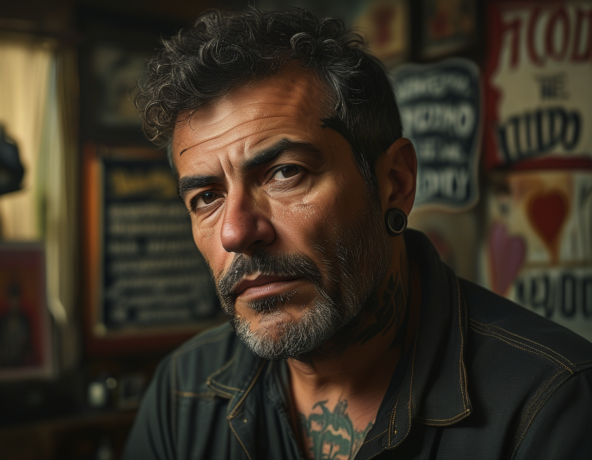 A somber tribute to influencer Ricardo Godoi, featuring a backdrop of a tattoo studio with dim lighting, symbols of grief and remembrance, and a tribute banner with heartfelt messages.