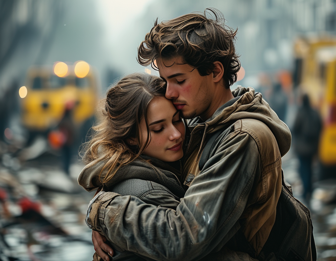 A powerful image depicting a young couple embracing tenderly, representing love and sacrifice. In the background, a blurred silhouette of an accident scene signifies the tragedy that unfolded.