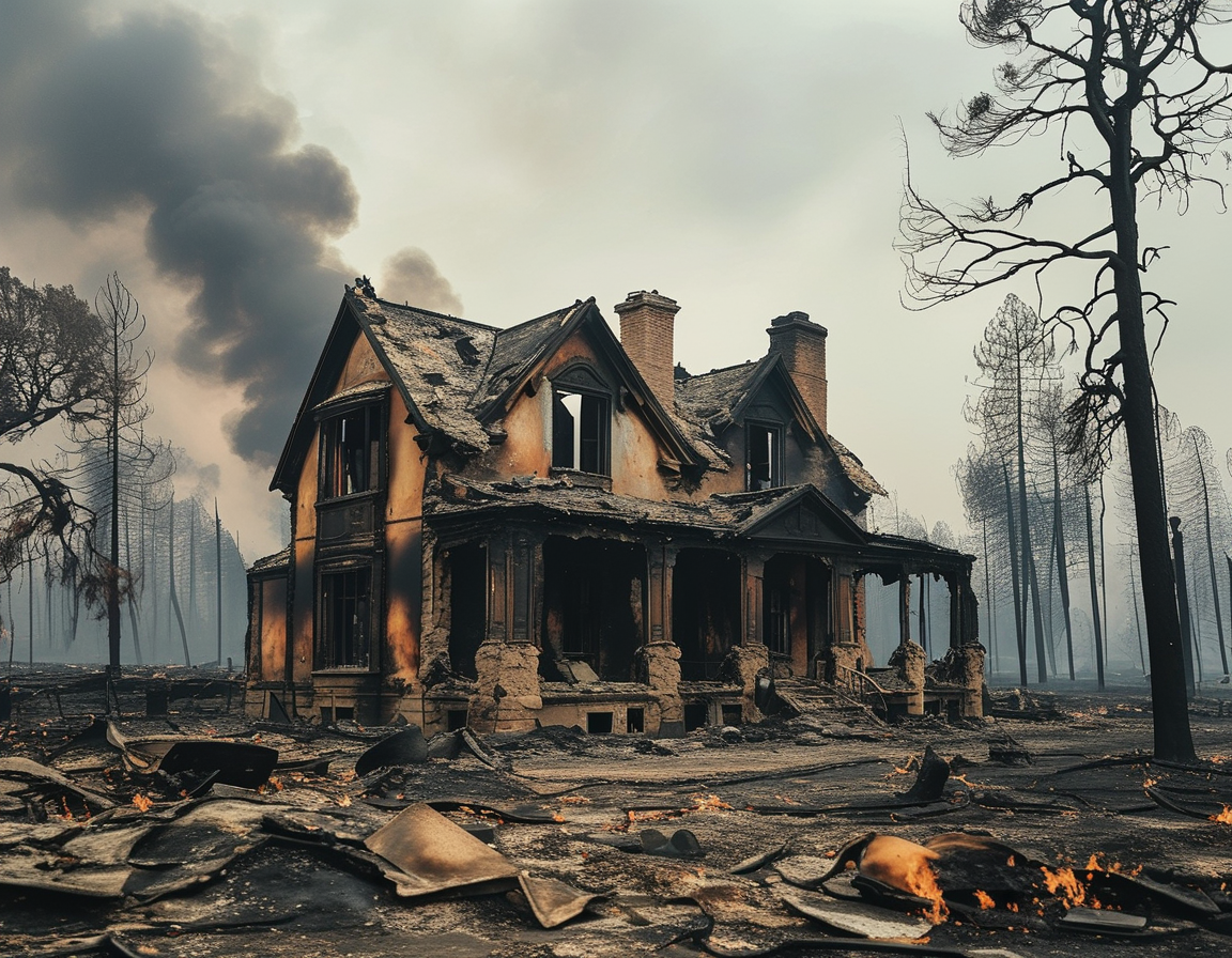 A somber image of a home in Altadena surrounded by charred remains after the wildfires, with a smoky sky reflecting a sense of loss and devastation.
